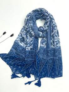 1 buah Syal Ringan Bermotif dengan Rumbai, Syal Fashion Desain Elegan untuk Wanita, Syal Chiffon Bernapas untuk Musim Semi/Panas, Jilbab Serbaguna, Selendang Pantai, Pelindung Matahari, Liburan - Blue and White - View 8