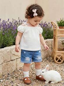 Shorts Set, Short Sleeve T-Shirt With Ripped Denim Shorts Summer Outfit - 白色 - 查看 1