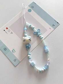 SANRIO 1pc INS Style 3D Pink Hello Kitty Beaded Phone Charm, Handmade Bow Keychain, Creative DIY CCD Camera Crystal Style Lanyard, Anti-Lost Accessory - Bow Kitten - View 8