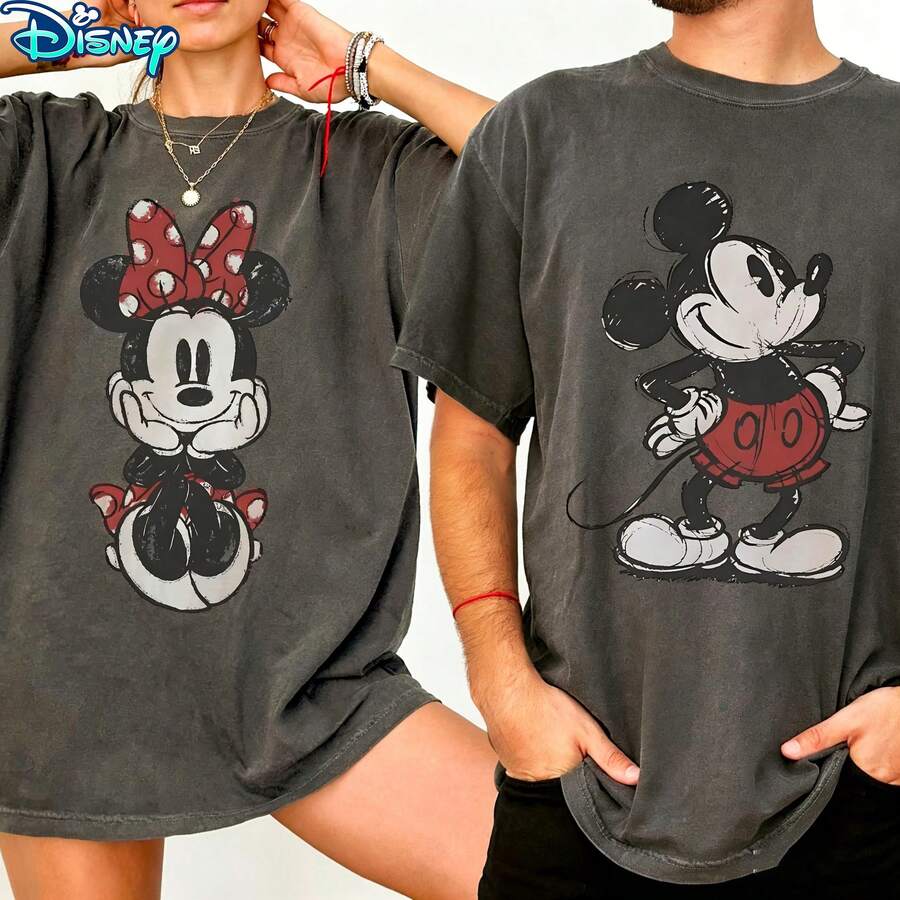 Disney  T-Shirt Retro Mickey Mouse Shirt, Vintage Minnie Mouse Tshirt, Disney Couple Shirts, Disney Family Matching Tees - Black - View 1
