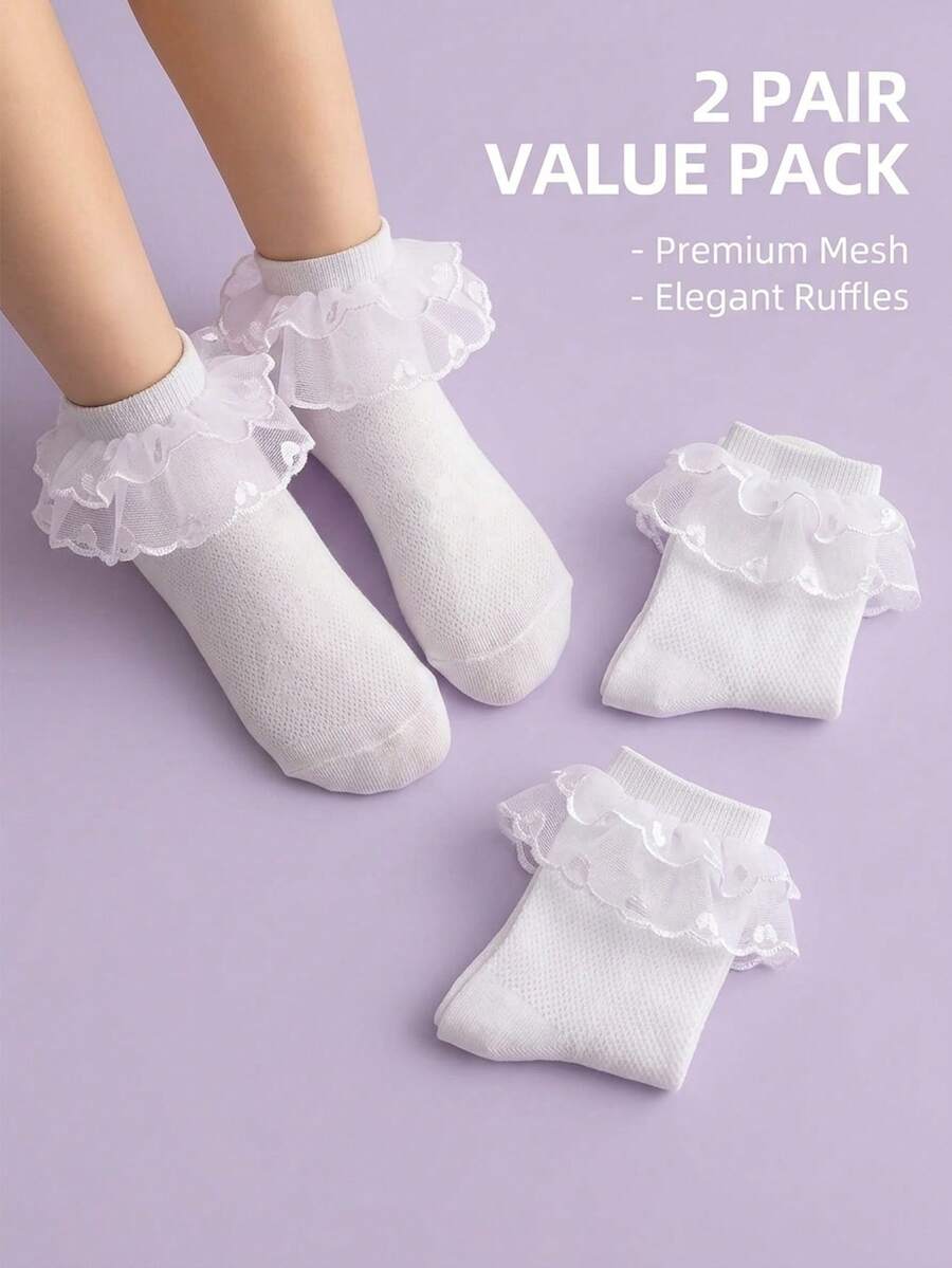 2 Pairs Girls' White Lace Ruffle Socks, Children Cute Mesh Short Socks - White - View 1