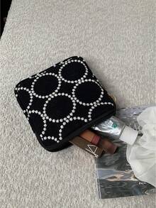 1 pieza Bolsa de maquillaje con patrón geométrico en blanco y negro, bolsa de cosméticos portátil con cremallera, bolsa de almacenamiento multifuncional para viajes & uso diario - Bolsa de maquillaje - Ver 7