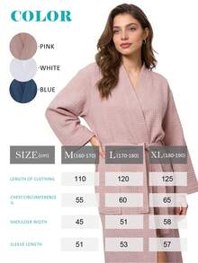 Unisex 100% Cotton Waffle Bathrobe, Lightweight Breathable Kimono Robe With Pockets - 粉色 - 查看 5