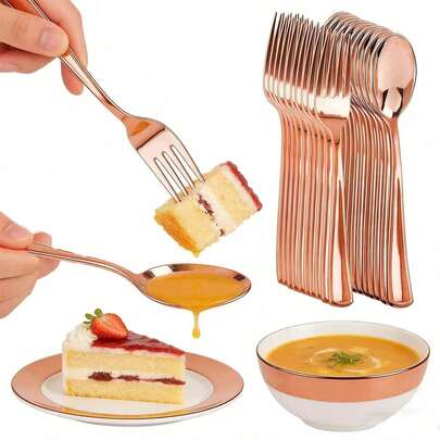 1 Set de 25 cucharas y tenedores de oro rosa reutilizables y lavables, adecuados para fiestas, eventos al aire libre, reuniones familiares, bodas, vacaciones, utensilios para pastel y ensalada