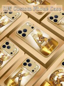 1pc Customizable Luxury Gold Eagle Letter Pattern Phone Case, Tempered Glass + TPU Soft Edge Material, Suitable For Samsung S26Ultra/S25Plus/S24 Series And Apple 17ProMax/16ProMax/15Pro/14Plus/13Pro/12ProMax/11/XsMax/8/7/6Plus, Can Be Used As Birthday Gift, Gift For Girlfriend/Boyfriend Or Self-Use - Gold - View 1
