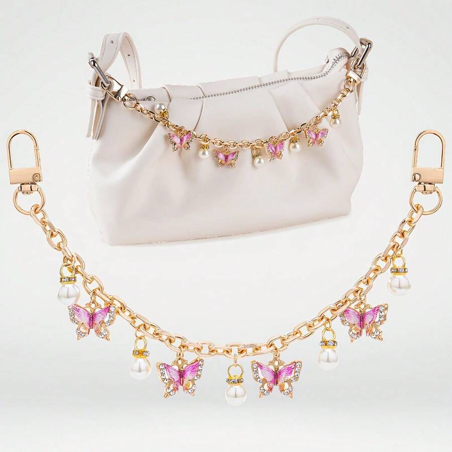 Butterfly & Pearl Decor Bag Charm, Pink Butterfly Pendant Bag Chain, Rhinestone & Pearl Bag Charm, Rhinestone Butterfly Bag Charm, Colorful Butterfly Bag Charm, Butterfly & Pearl Bag Decor Chain, Butterfly & Pearl Bag Decor, Women Bag Strap, Bag Charm, Gold Bag Charm, Colorful Bag Charm, Holiday Gift Handbag Shoulder Bag Handle Chain Extension, Women's Crossbody Bag, Wallet Making, DIY Wallet Making - Multicolor - View 1