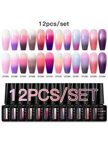 12pcs/Set Temperature Changing Gel Nail Polish Set, Winter Color Changing Semi-Permanent Nail Polish, Removable UV/LED Lamp, Long-Lasting Nail Gel Polish Set - 彩色 - 查看 12
