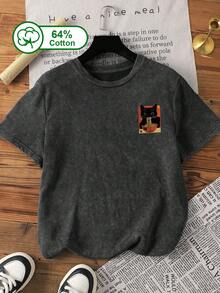 Camiseta Vintage Lavada com Estampa de Floco de Neve para Mulheres Plus Size, Estampa Dupla Face, Estampa de Gato Preto Comendo Ramen, Gola Crew Casual de Manga Curta, Top de Verão - Preto - Visão 2
