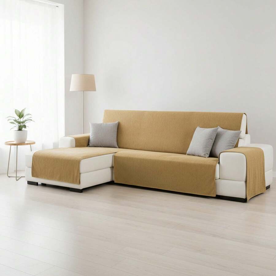 Kiva Standard Left-Facing Chaise Lounge Sofa Cover With Elastic Fit, Various Colors Available - Standard Left-Facing Chaise Lounge Sofa Cover For Backrest, Seat And Arms - Mustard Mid - View 1