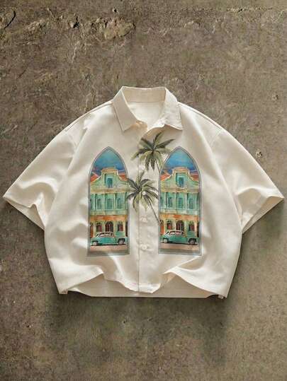  FRACTYR 男士复古建筑与棕榈树印花短袖衬衫，宽松小众设计透气休闲衬衫