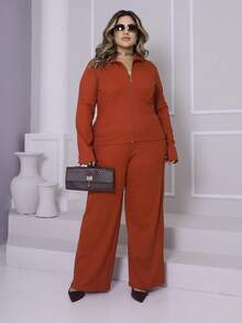 Women's Plus Size Winter Set, Plain, Consisting Of Wide-Leg Pants And A Zippered Top In Ribbed, Fleece-Lined Knit Fabric. - 屋頂的瓦片 - 查看 3