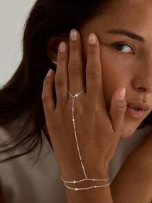 1pc Fashionable Versatile Y-Shaped Collarbone Chain, Simple Metal Flat Piece Connected Finger Chain, High-End Versatile, Suitable For Any Occasion, Great Gift Choice - Silver - View 5