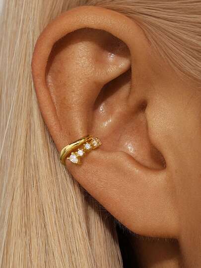 1Pc Exquisite Fashion 925 Sterling Silver 18K Gold Plated Clover/Octagram/Marquise Inlaid Cuff Earring, Gold, Low Allergy, Women Girls Daily Wear, Mother's Day Wedding Season Party Gift