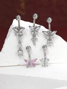 1pc/5pcs Butterfly Series Navel Rings Set, Inlaid Sparkling Cubic Zirconia Dangle Belly Button Piercing Body Jewelry, Suitable For Summer Beach - Multicolor - View 9