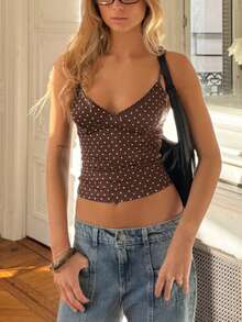 Women Polka Dot Spaghetti Strap Tank Tops Y2K Fairycore Lace Trim Corset Camisole V Neck Slim Cami Tops Cute Lace Trim Crop Tops For Summer Going Out Tops Sweet T-Shirt Casual Streetwear - Màu nâu sẫm với chấm bi trắng. - Xem 1