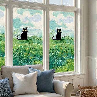梵高风格艺术黑猫磨砂窗膜，可重复使用的PVC静电吸附玻璃膜，适用于客厅、卧室、办公室、浴室和家居装饰。
