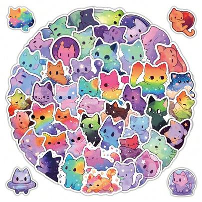 52 Sheets Celestial Cat Stickers - Starry Night Themed Labels For Notebook, Luggage & Scrapbook Embellishment