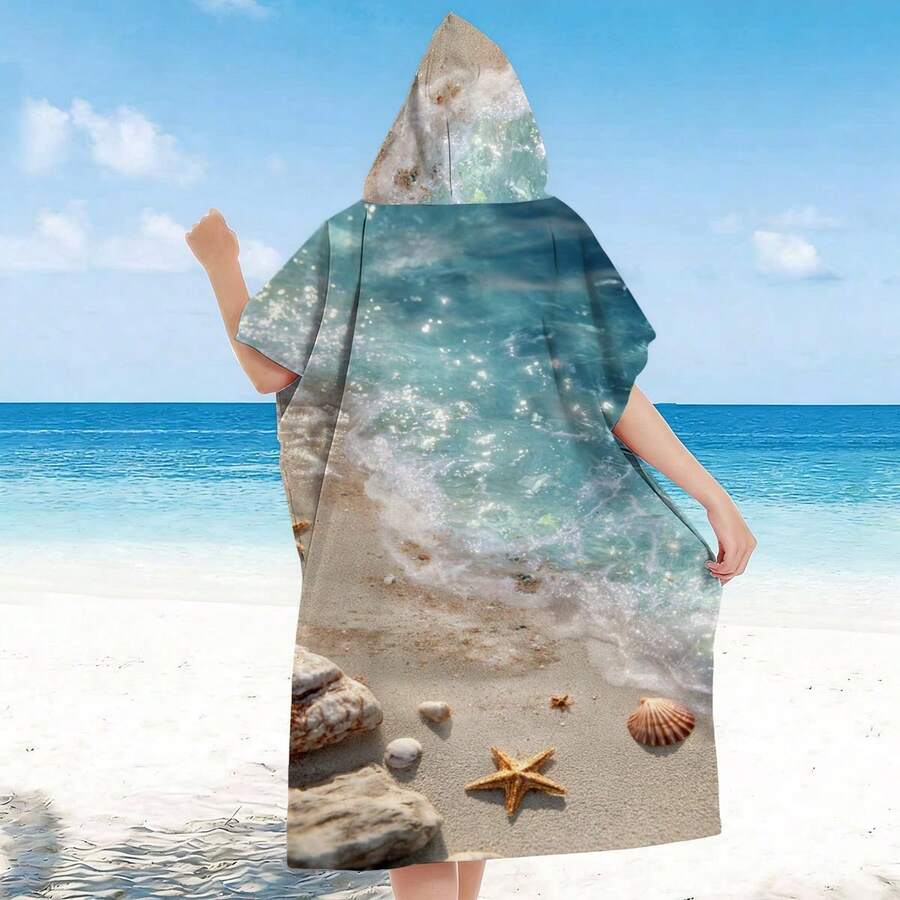 1件柔软沙滩印花连帽沙滩巾，沙滩换衣袍，可穿浴袍，超大可爱卡通沙滩/泳池巾，超细纤维沙滩毯，生日礼物 - style4 - 查看 1