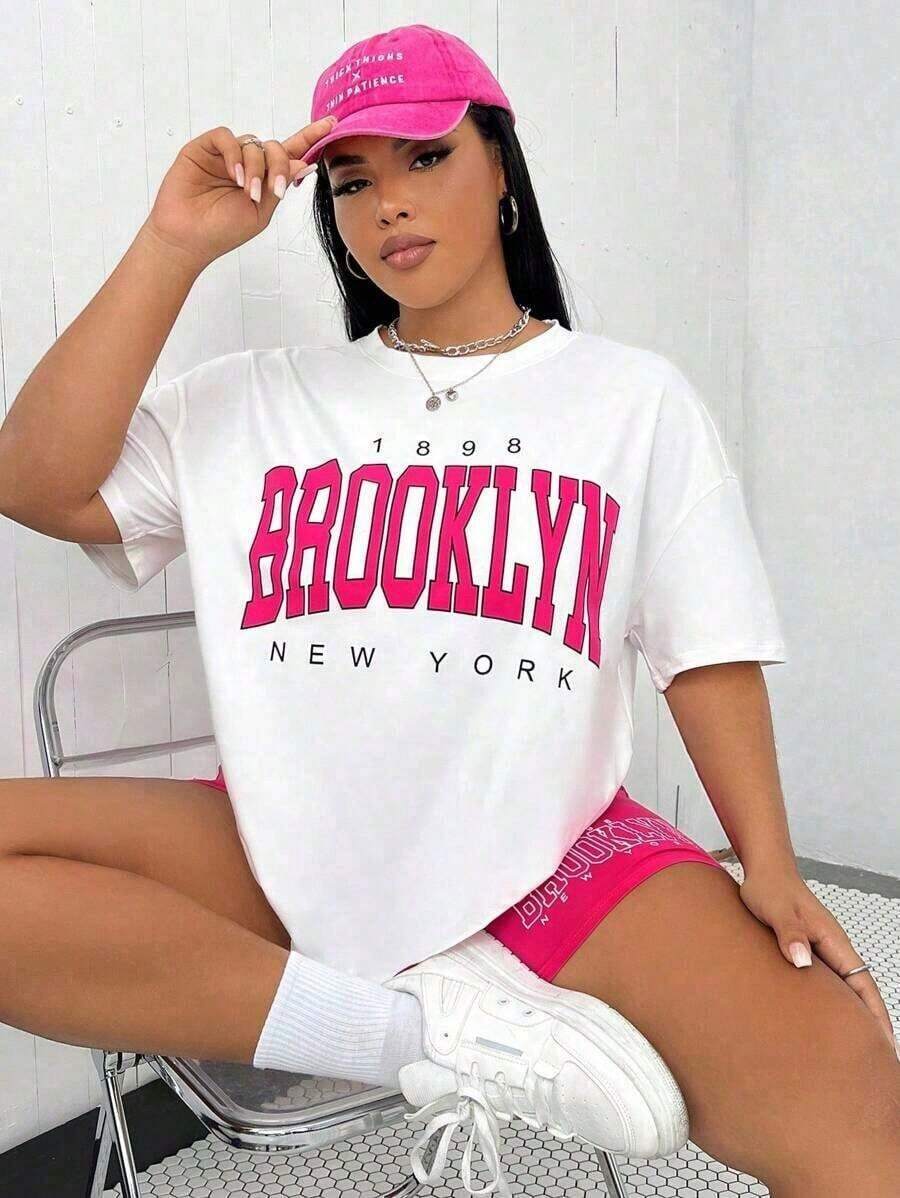 Plus Size Summer Casual Letter Print T-Shirt And Shorts 2 Pieces Set Anti-Wrinkle Cotton T-Unisex Loose - Fit Comfortable Vintage Street - Style Cotton T - Shirt Top - 白色 - 查看 1