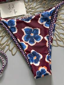 2pcs Retro Floral Colorblock Plaid Print Bikini Swimwear, Suitable For Beach, Pool, Cruise, Party In Spring And Summer Vacation - Wine Red Base With Blue Flowers - View 5