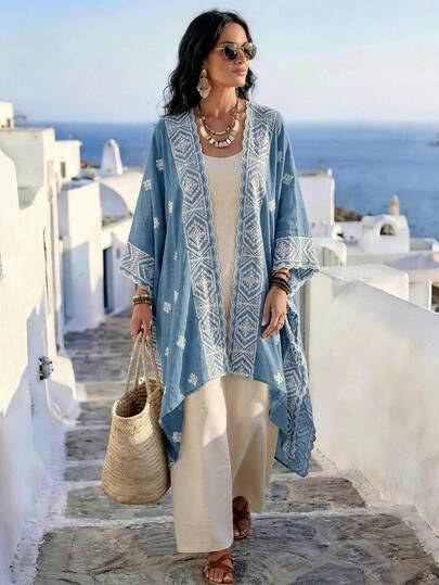 1 Peça Novo Xale Geométrico Bordado Estilo Boêmio Primavera/Verão Feminino, Xale de Praia, Decoração de Moda de Luxo Versátil, Adequado para Combinação Diária, Presente Ideal, Roupa de Verão Feminina, Roupa de Resort Feminina, Férias