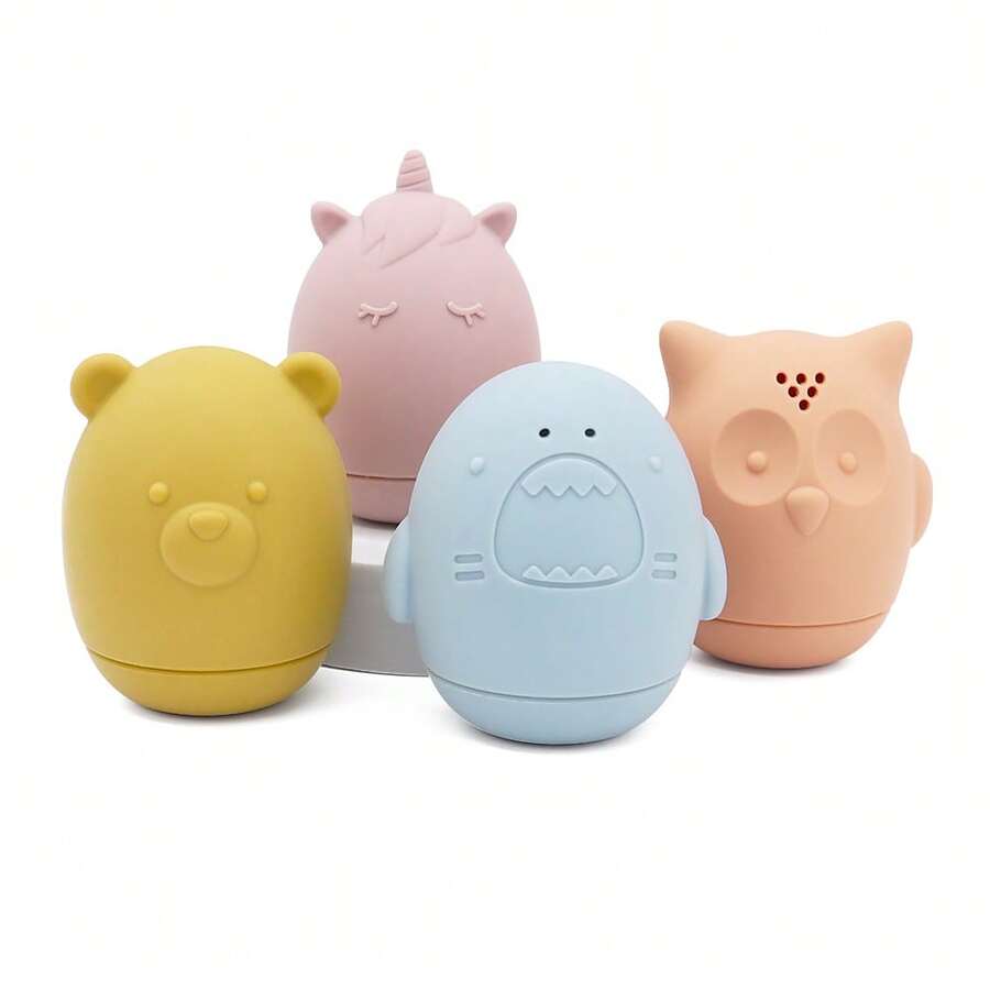 4件套硅胶婴儿洗澡玩具，挤压喷水玩具，易于打开和清洗，防止发霉