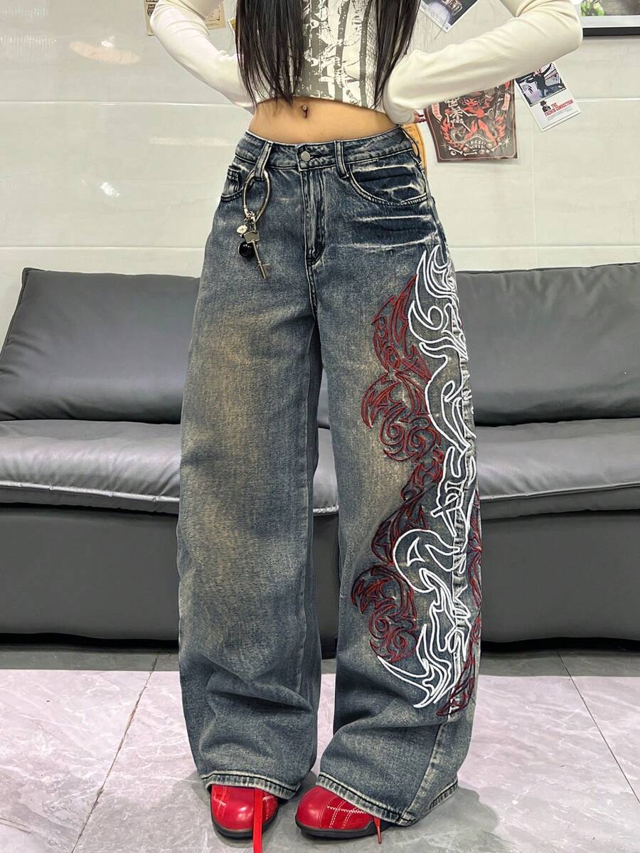 1pc Women's Loose Fit Embroidered Wide Leg Jeans, Comfortable Casual High Street Versatile Denim Pants (Belt/Accessories Not Included)