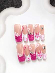 10pcs Luxury Purple Style Handmade Nail Art Set, Including: Gel Nail Kit, Asymmetrical Pink 5-Petal Flowers, Embedded Silver Rhinestone Stars, 3D Butterfly Nail Decorations, Hand-Painted Solid Color Waves, Rose Red 5-Petal Prints, Branch Polka Dot Nail Accessories - 彩色 - 查看 11