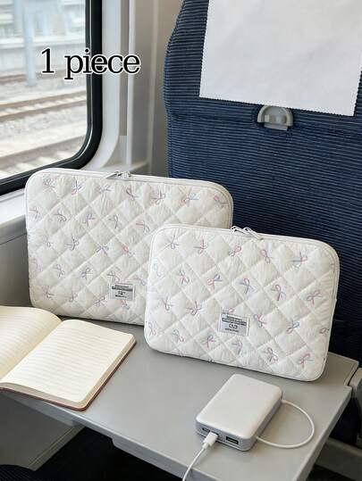 1 Pc Quilted Embroidery Bow Laptop Bag,9-13 Inch Computer Bag,Solid Color Protection Case Small Bag,File Bag Laptop Sleeve Computer Carrying Case Bag,Women's Stylish Computer Case,For Mac Book HP For Tablet Handbag Case 9-13inch For IPad Air 4 5 Pro 11 Mini 5 6 Case For Shockproof Pouch Bags For Women/Girls/Students For Commuting/Work/Travel/Vacation