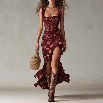 Women Boho Sleeveless Straps Cami Dress With Tassel Detail Asymmetrical Long Hem In Woven Fabric