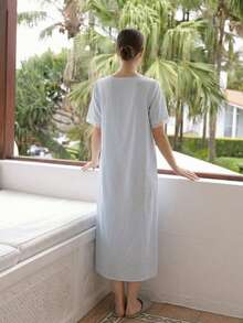 Đồ ngủ nữ cổ chữ V, đồ mặc nhà mùa hè mới tay ngắn ngọt ngào, thoải mái. - Màu xanh lam - Xem 2