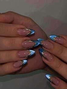 10pcs Handmade Press On Nails Short Almond Shape Reusable Nail Art Stickers Shiny Cat Eye French Manicure Hand-Painted Gold French Tip Pink Blue Gold Minimalist Cute Nails Elegant Daily Work Office Wedding Party Travel Easy To Apply Portable Nail Kit With File & Sticky Tabs  Odorless Flexible Soft Gel Feel Long-Lasting Wear No Glue Needed For Women Girls - 寶藍色 - 查看 9