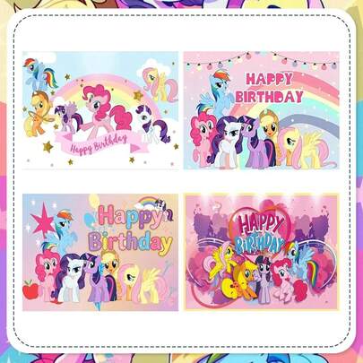 MY LITTLE PONY 小马宝莉生日背景布，适用于户外派对装饰、拍照背景、生日墙面装饰，100*150厘米，可悬挂，可作拍照背景横幅、派对氛围装饰、装饰道具、户外露营拍照、摄影背景横幅、场景装饰横幅、道具展示