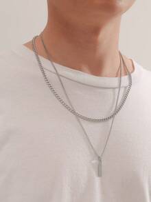 Conjunto de collar de cadena cubana de acero inoxidable para hombre, 2 piezas de cadena de eslabón curvo con colgante de barra rectangular, joyería de moda punk de hip hop como regalo para él - Plateado - Ver 2