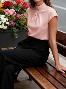 Women's Elegant Mandarin Collar Short Sleeve Blouse - Crisp White Satin-Like Fabric, Versatile For Work, Party, Spring/Summer/Fall, Classic Solid Color, Crease-Resistant Design, Slimming And Stylish Pink - Pink - View 6