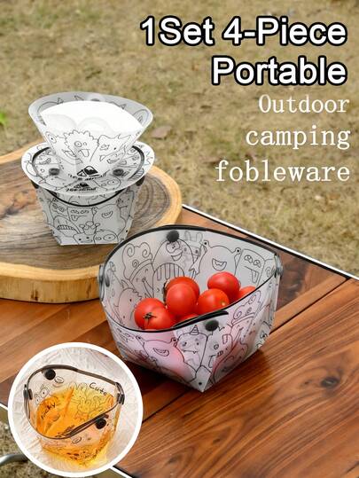 一套便携式可折叠碗碟杯子餐具套装，PP材质，耐热，适用于户外露营、徒步旅行、野餐、商务旅行