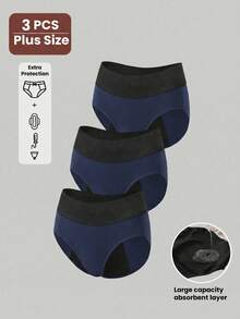 3 piezas Ropa interior femenina de talla grande con cintura alta reutilizable para el período, a prueba de fugas y transpirable para uso diario - Azul - Ver 5