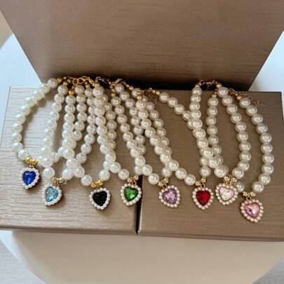 1pc Cute Princess Style Heart Pendant Adjustable Pet Necklace, Pet Dog Cat Pearl Necklace Pendant Collar Gemstone Choker Cute Accessory Decor For Kitten
