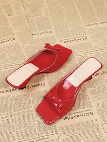 Fashionable Square Toe Bow Tie Women's High Heel Sandals, Summer Versatile Slip-On Mule Pumps - Red - View 5