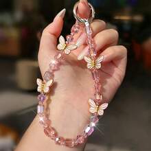 1pc Pink & Gold Butterfly Crystal Beaded Phone Lanyard, Bag Charm, Key Chain Pendant - Multicolor - View 1