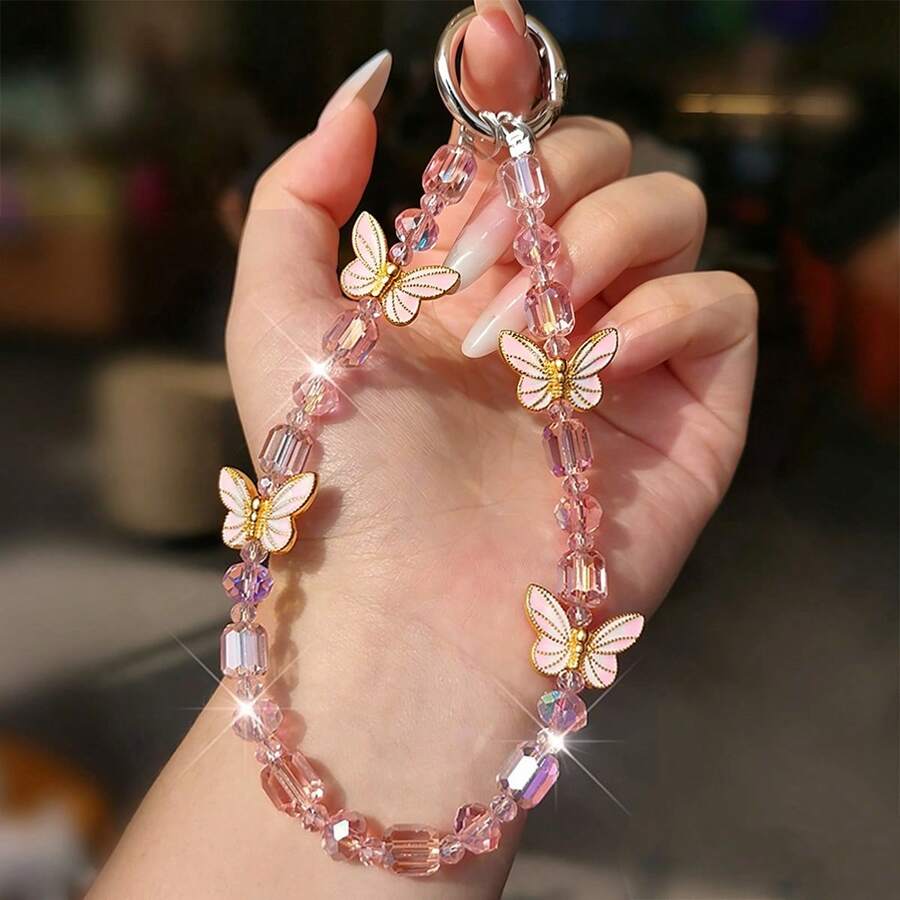 1pc Pink & Gold Butterfly Crystal Beaded Phone Lanyard, Bag Charm, Key Chain Pendant - Multicolor - View 1