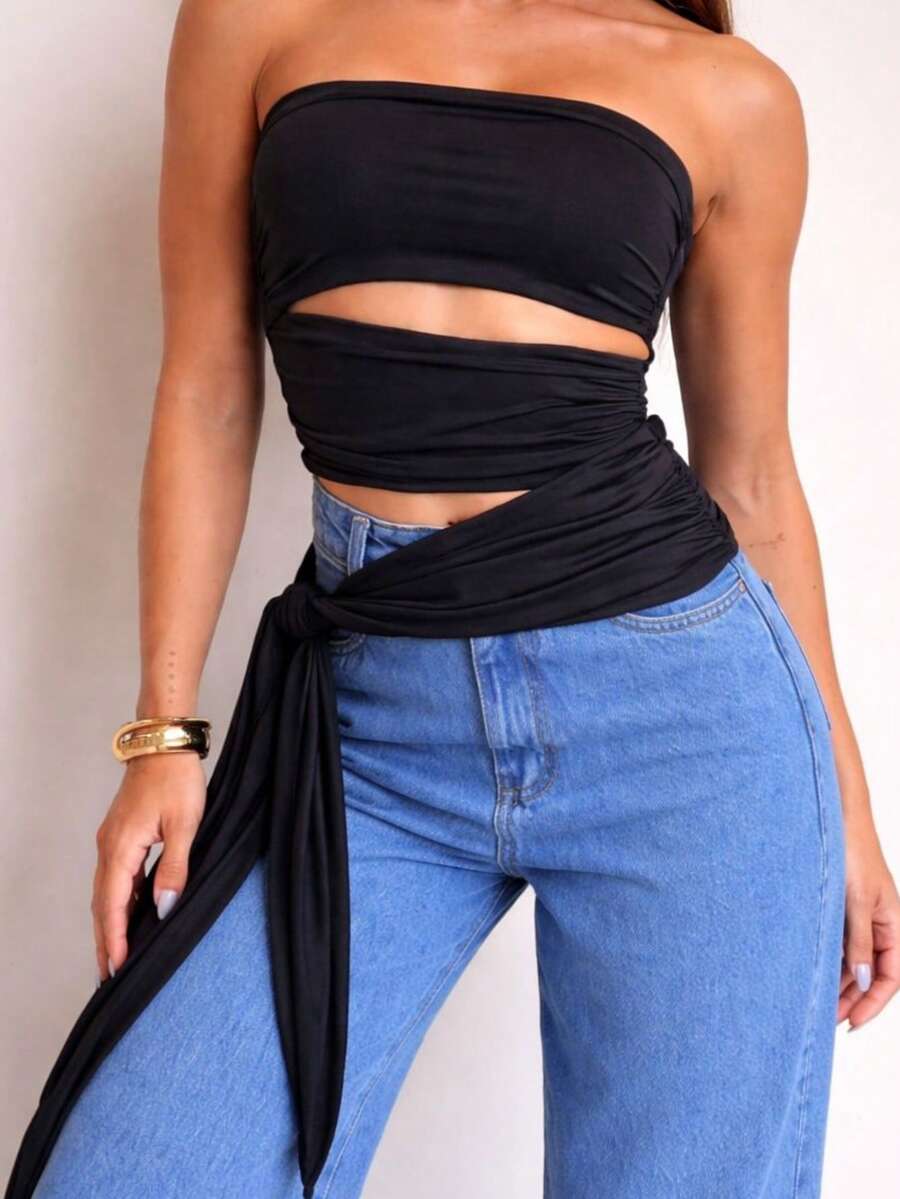 Elegant Brown Strapless Cropped Top In Suplex With Sexy Cutouts And Tie Detail – Women's Fashion Top 2026 - màu đen - Xem 1
