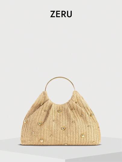 Trending Fashion Beaded Woven Bag, Vacation Beach Woven Pleated Round Handle Tote Bag, Bestselling Woven Handbag For Women