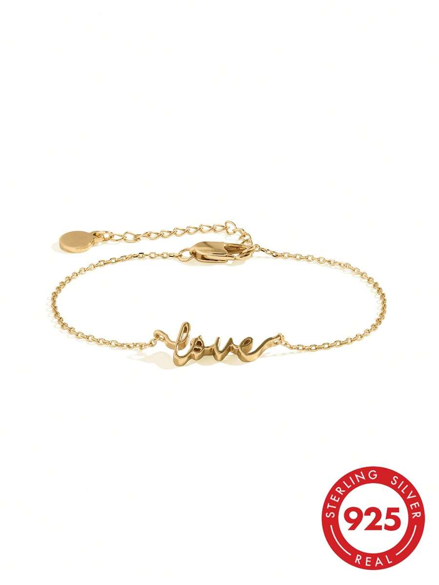 Exquisita joyería del Día de San Valentín Pulsera única de plata de ley S925 chapada en oro de 18K con forma de AMOR para mujeres - Pulsera con forma de AMOR - Ver 1
