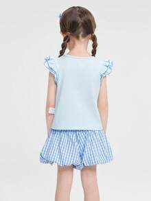 Balabala 2pcs/Set Young Girl Summer Outfit 2026, Soft Cotton, Plaid Bow Design, Lightweight & Breathable, Cute Daily Wear - Ice Blue - View 3
