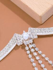 1pc Crystal Bow Chest Chain, Sexy Body Jewelry For Summer Beach, Party, Rhinestone Tassel Necklace Chest Harness - Silver - View 5
