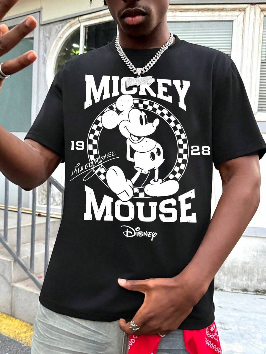 Summer Travel Short Sleeve T-Shirt, Disney Retro Mickey Letter Print Short Sleeve, Unisex Short Sleeve - 黑色 - 查看 1