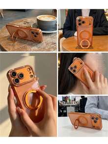 Ốp lưng điện thoại cao cấp đính đá lấp lánh, bảo vệ ống kính, chống rơi vỡ, tích hợp gương trang điểm lấp lánh và vòng giữ gương, tương thích với iPhone 17ProMax 17Pro 17 16Promax 15 14 Plus 13 12 Pro Max 11 17Air. Ốp bảo vệ chống sốc chất lượng cao. - Giá đỡ 360 độ màu cam - Xem 6