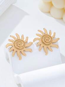 1 Pair Fashionable Exquisite Spiral Design Metal Sun Earrings, Minimalist Elegant Earrings For Women, Suitable For Daily Wear, Vacation, Dates, Banquets, Parties, Summer Beach Holiday Accessories - Gold - View 2
