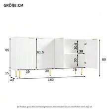 Skänk för vardagsrum, byrå med 4 dörrar, borstade guldhandtag och högglansande bordsben, vit, mått 160*80*40 cm - Vitt - Visa 2